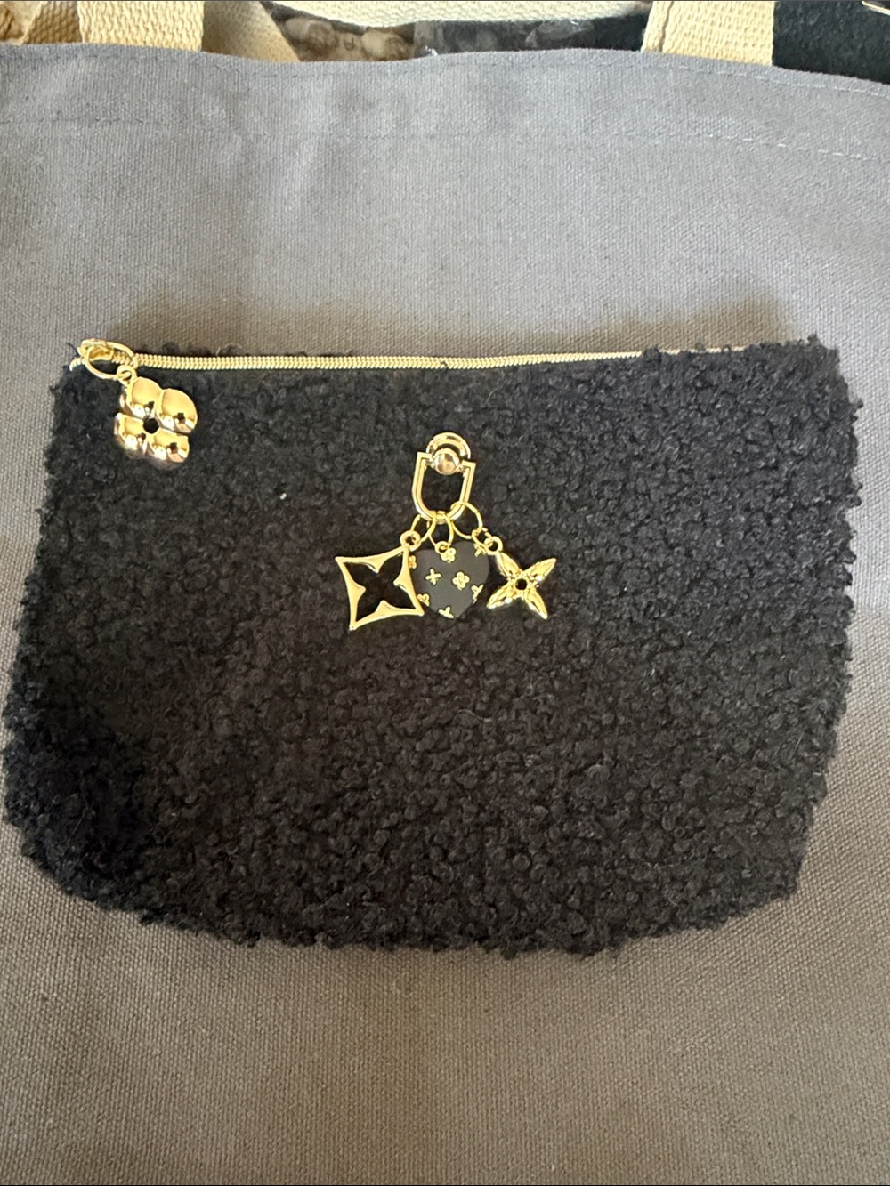 Black Sherpa Pouch with Gold Logo Charms